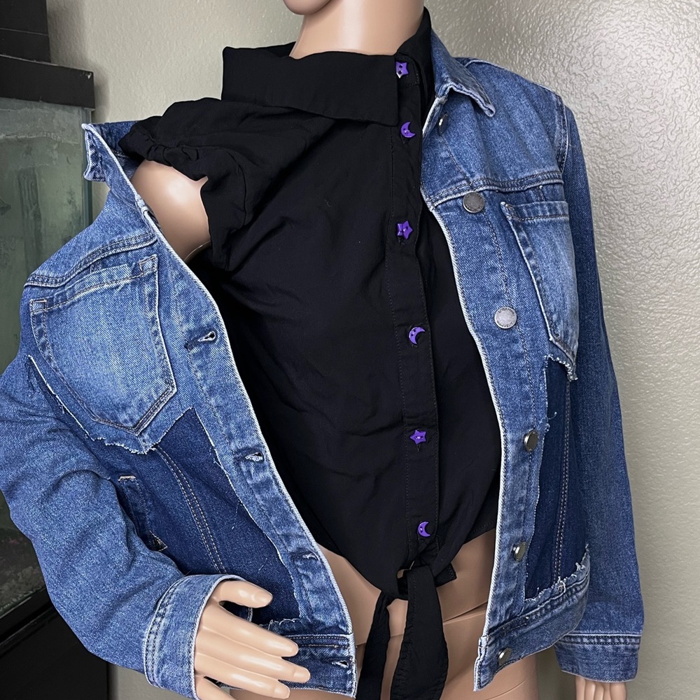 liver pool losangeles patch work frayed denim jacket size medium new with tags - Picture 3 of 15